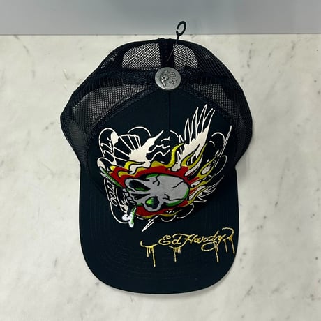 USA仕様 Ed Hardy エドハーディ Embroidered Fire Skull 刺繍 スカル メッシュ トラッカーキャップ 黒 (EDC5)
