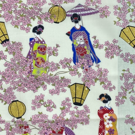日本製 和柄 バンダナ 総柄 舞妓さん Maiko 桜 大判サイズ 綿100% 白 (BNDN32)