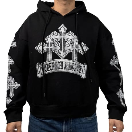 米国ブランド FWRD Denim NY クリスタル テンプル 十字架 パーカ Crystalized Templar 黒 (Hdy101)