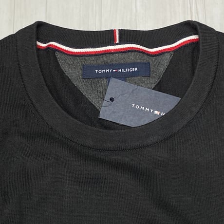 USAモデル TOMMY HILFIGER 綿100％ ストライプ クルーネック セーター 黒/グレー (R4F-34)