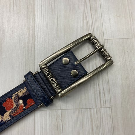 豪華バックル ちりめん和柄 レザーベルト 紺 ロングサイズ 長尺 サイズ調節可能
