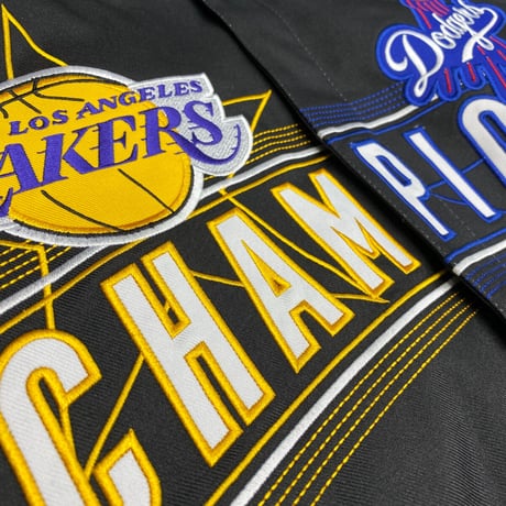 【限定】優勝記念スタジャン JHデザイン City Of Champions レイカーズ NBA ドジャース MLB 黒
