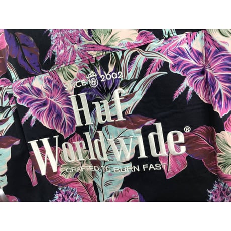 HUF ハフ 半袖 ボタンシャツ 総柄 ALOHA パラダイス リゾート ネイビー 刺しゅうロゴ