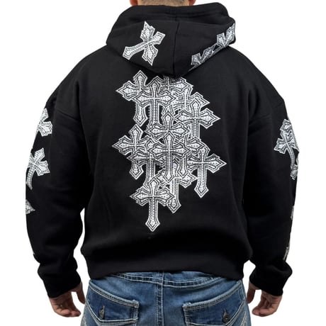 米国ブランド FWRD Denim NY クリスタル テンプル 十字架 パーカ Crystalized Templar 黒 (Hdy101)