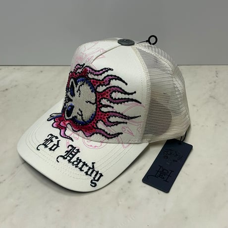 USA仕様 Ed Hardy エドハーディ Skull Flame ラインストーン メッシュ トラッカーキャップ Ivory (EDC8)