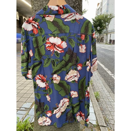【特別SALE価格】 アロハシャツ ALOHA 半袖 ブルー 緑 総柄 フラワープリント RB-42