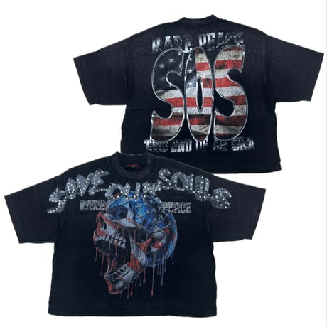 カリフォルニア発 Rare Peace レアピース End Of Era オーバーサイズ ラインスト―ン クロップドTシャツ (CropT41)