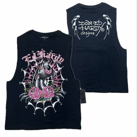 USA仕様 Ed Hardy エドハーディ Panther Web Rhinestone Cropped Cut Off T クロップ カットオフ Tシャツ (EdT6)