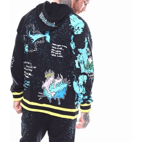 Pink Dolphin ピンクドルフィン Drip プルオーバー パーカー  薄手 ピンクのイルカ 刺繍 ペイント