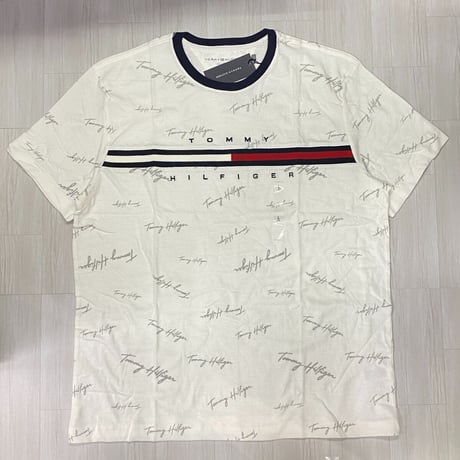 USA限定 TOMMY HILFIGER 総柄 SCRIPT TINO ブランドロゴテープ Tシャツ ホワイト (R4F-31)