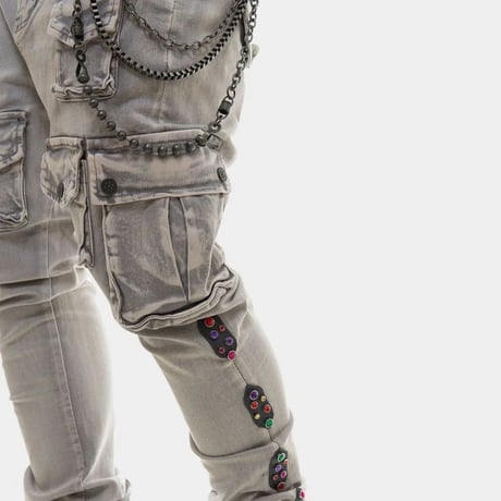 米国シカゴ発 Gunzinii ガンジーニ Jeweled Cargo Stacked Jeans ジュエル カーゴ スタックドデニム (JNS134)