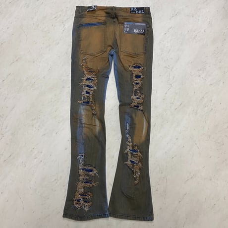 R3BEL RIPPED RUST STACKED FLARE DENIM スタックド フレアジーンズ ストレッチ