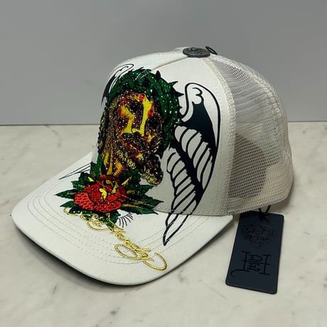 USA仕様 Ed Hardy エドハーディ Christ Rhinestone キリスト メッシュ トラッカーキャップ Ivory (EDC11)