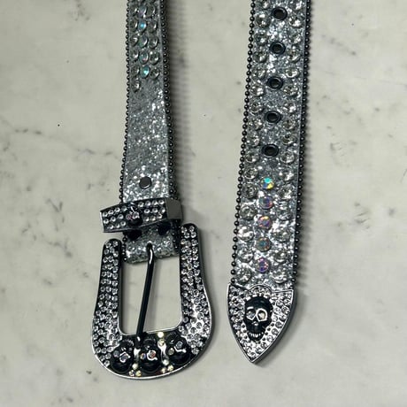 SKULL スカル リベット ラインストーン ブリンブリン ベルト Bling Bling Rhinestone Belt シルバー (BELT3)