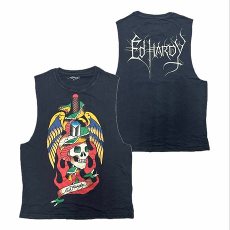 USA仕様 Ed Hardy エドハーディ Skull Snake Cut Off T スカル 蛇 カットオフ Tシャツ (EdT7)