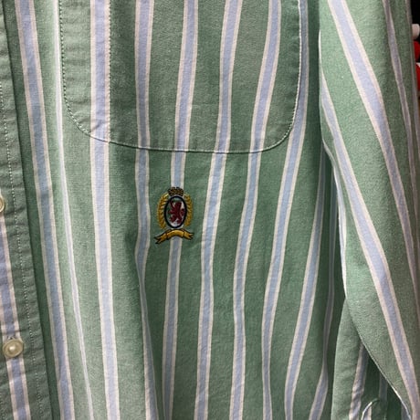 35th限定 TOMMY HILFIGER トミーヒルフィガー CREST ストライプ ボタンダウン 長袖シャツ 緑