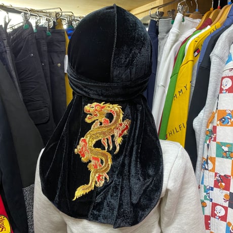 プレミアムベロア  DU-RAGドゥーラグ TIEDOWN 黒 インナーキャップ 龍 オリエンタル