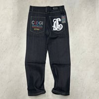COOGI クージー 刺繍ポケット Black Denim Straight Wide Pants ストレート ワイドジーンズ (JNS210)