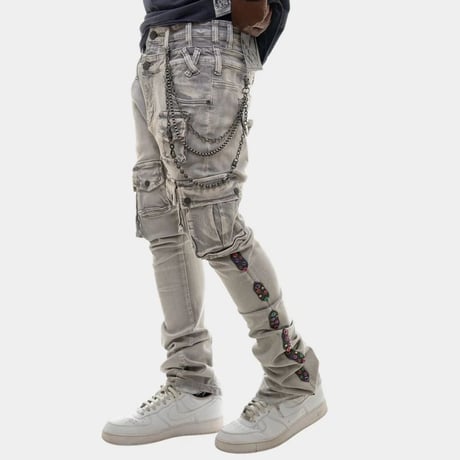 米国シカゴ発 Gunzinii ガンジーニ Jeweled Cargo Stacked Jeans ジュエル カーゴ スタックドデニム (JNS134)