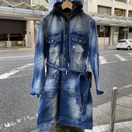 IRO-OCHI トレンチ Trench デニム コート  モッズ ミディアム丈 フード着脱可能 クラッシュ加工 ブリーチ  ペイント