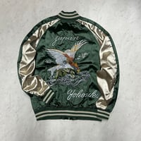 横須賀発祥 スカジャン Yokosuka刺繍入り SUKAJAN 鷹 Eagle 内ポケットあり サテン地 緑 (SKJ58)