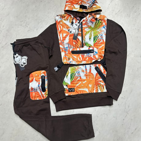 米国発 Civilized シヴィライズド スウェットセットアップ 着脱可能ベスト付き 3点セット Palm Tree 茶 (SET18)