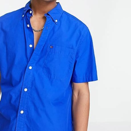 USAモデル TOMMY HILFIGER トミーヒルフィガー 半袖 ボタンダウンシャツ 青 クラシックフィット