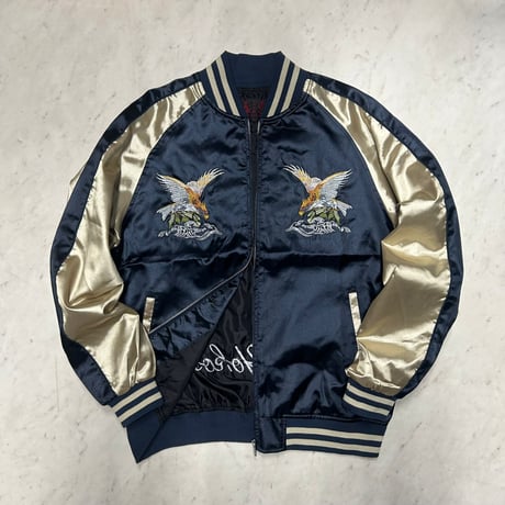 横須賀発祥 スカジャン Yokosuka刺繍入り SUKAJAN 鷹 Eagle 内ポケットあり サテン地 紺 (SKJ56)