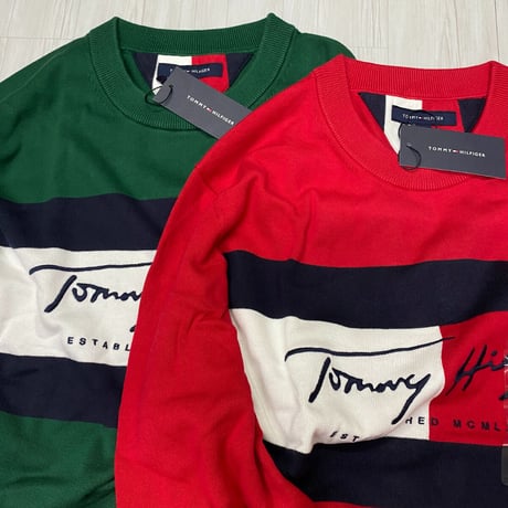 USA限定 TOMMY HILFIGER オートグラフ フラッグ クルーネック コットンニットセーター (R4F-26)