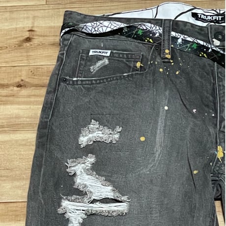 米国発 Lil Wayne TRUKFIT トラックフィット Dark Grey Splatter Straight Jeans スプラッターデニム (JNS207)