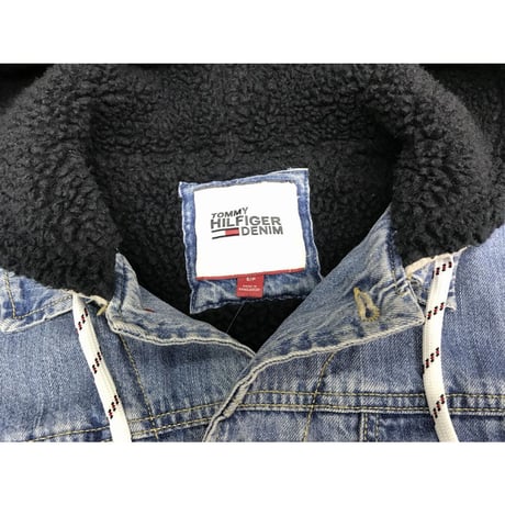 海外限定モデル TOMMY HILFIGER トミーヒルフィガー  厚手 ボア デニムジャケット Gジャン フード付 ビッグシルエット ビンテージ加工
