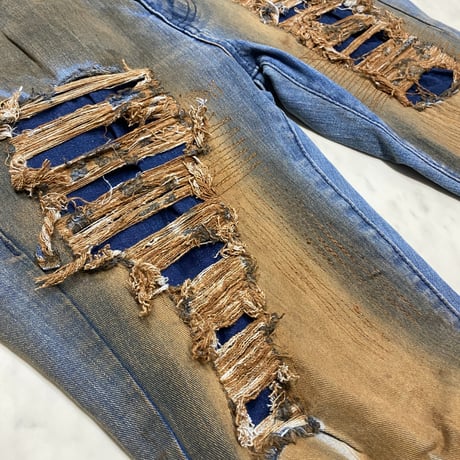 R3BEL RIPPED RUST STACKED FLARE DENIM スタックド フレアジーンズ ストレッチ