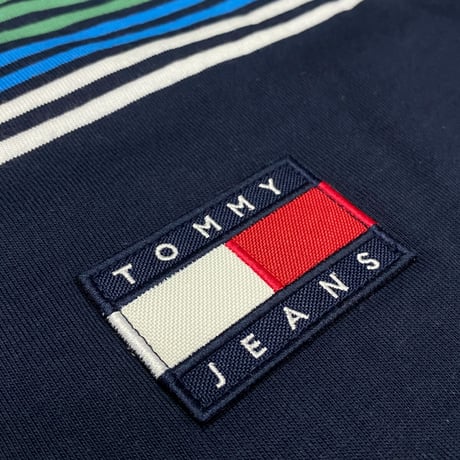 USAモデル TOMMY HILFIGER トミージーンズ TJ ストライプ バッジロゴTシャツ 紺 (R4F-11)
