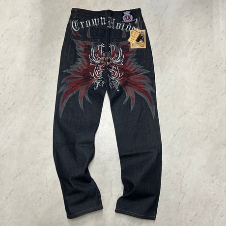 刺繍デザイン CROWN HOLDER クラウンホルダー Straight Loose Fit Denim ルーズフィットジーンズ (JNS211)