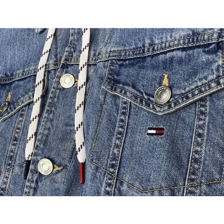 海外限定モデル TOMMY HILFIGER トミーヒルフィガー  厚手 ボア デニムジャケット Gジャン フード付 ビッグシルエット ビンテージ加工