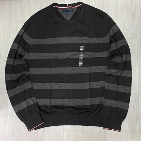 USAモデル TOMMY HILFIGER 綿100％ ストライプ クルーネック セーター 黒/グレー (R4F-34)