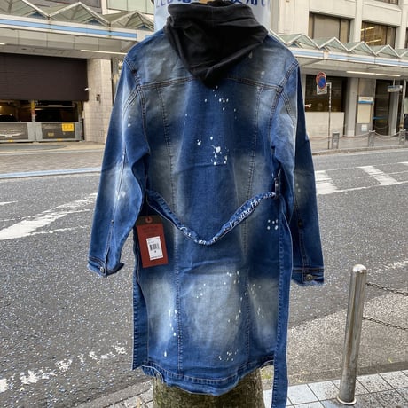 IRO-OCHI トレンチ Trench デニム コート  モッズ ミディアム丈 フード着脱可能 クラッシュ加工 ブリーチ  ペイント