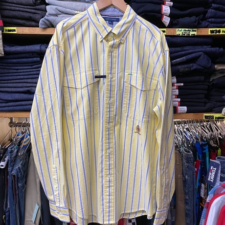35th限定 TOMMY HILFIGER トミーヒルフィガー CREST ストライプ ボタンダウン 長袖シャツ 黄色