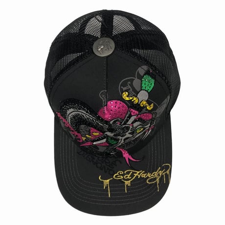 USA仕様 Ed Hardy エドハーディ Dagger Snake Rhinestone 蛇 メッシュ トラッカーキャップ 黒 (EDC7)