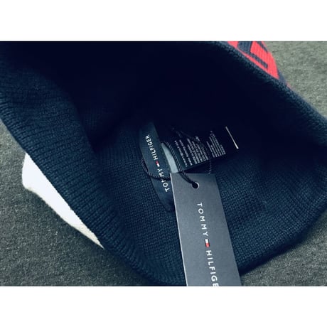 海外限定 トミーヒルフィガー TOMMY HILFIGER 短め ビーニー 綿100％ トリコロール 2枚仕立て ニット帽