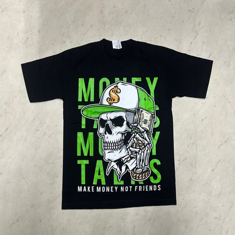 LA発 Make money not friends スカル グラフィック 半袖 ヘビーウェイト Tシャツ 黒 ネオングリーン (GTS135)
