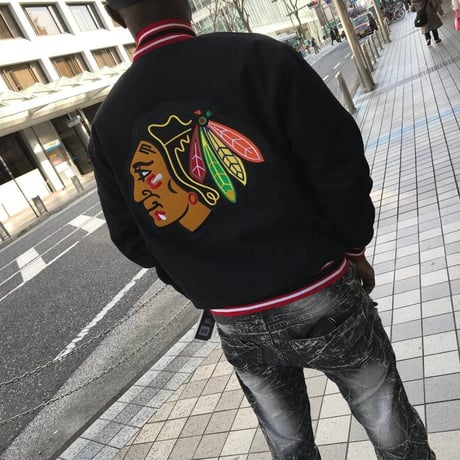 JHデザイン NHL シカゴ Chicago ブラックホークス Blackhawks 公式 リバーシブル スタジアムジャンパー 黒 スタジャン ホッケー