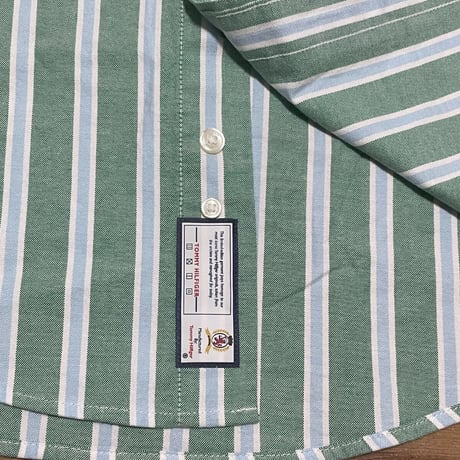 35th限定 TOMMY HILFIGER トミーヒルフィガー CREST ストライプ ボタンダウン 長袖シャツ 緑