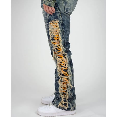 R3BEL RIPPED Rhinestone Stacked Flare Denim ラインストーン スタックド フレアジーンズ (JNS45)