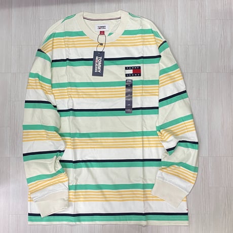 USAモデル TOMMY HILFIGER  トミージーンズ TJ ストライプ 長袖 Tシャツ バッジロゴ (R4F-20)
