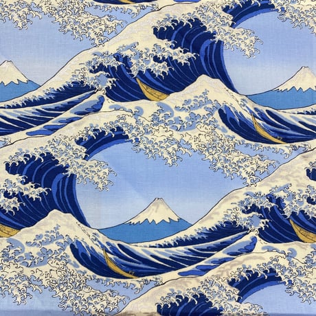 日本製 和柄 バンダナ 総柄 神奈川沖浪裏 葛飾北斎 大判サイズ 綿100% 水色 (BNDN35)