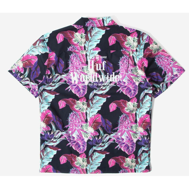 HUF ハフ 半袖 ボタンシャツ 総柄 ALOHA パラダイス リゾート ネイビー ...