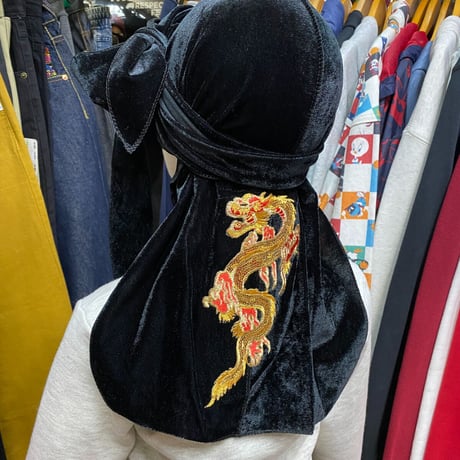 プレミアムベロア  DU-RAGドゥーラグ TIEDOWN 黒 インナーキャップ 龍 オリエンタル