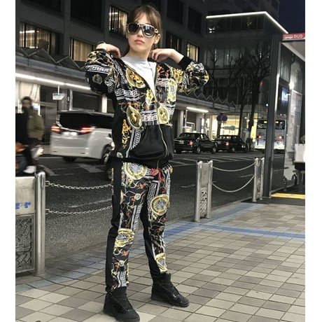 USA製 Brooklyn Crossing ベロア 総柄 セットアップ Men's ジップアップパーカー 黒