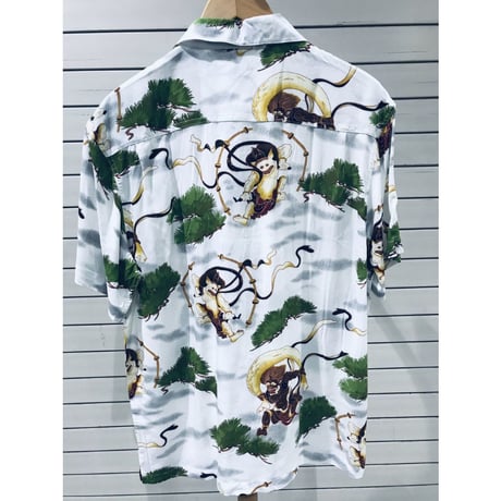【特別SALE価格】アロハシャツ ALOHA 半袖 オープンカラー 開襟 レーヨン100% 白 風神雷神 ハワイアン 和柄　RAIJIN 新品 RB-21